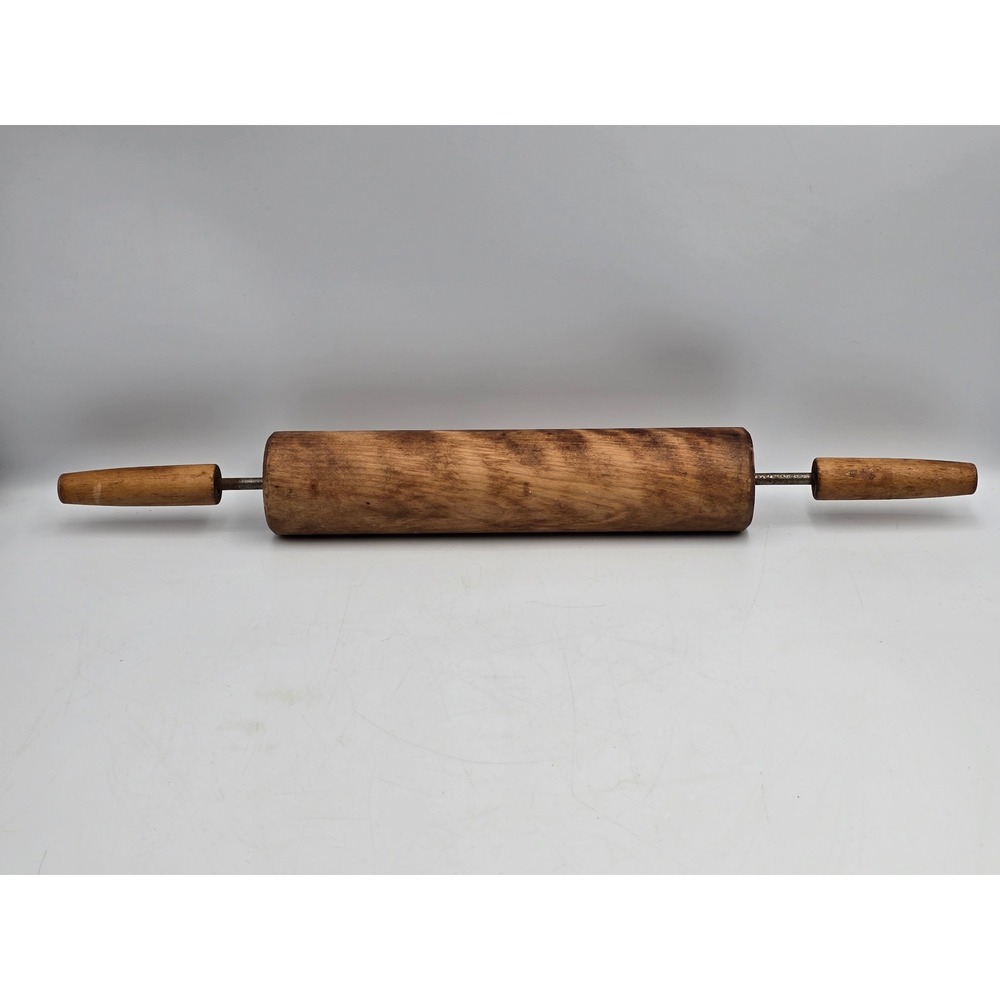 Rolling Pin OS Brown Good Vintage Wood Metal Axle Farmhouse